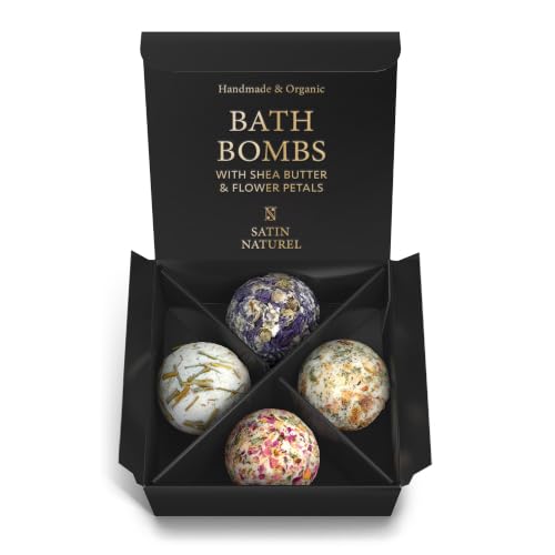 Satin Naturel Gift Set 4 Luxury Organic Vegan Bath Bombs Wellness Gift for Women Premium Bath Bombs Birthday Gift for Her Natural Bath Bombs