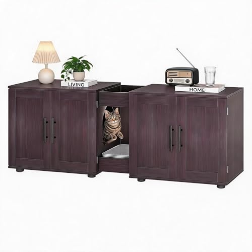 Takywep Double Room Cat Litter Box Enclosure for 2 Cats – Wooden Hidden Cat Washroom Furniture – Includes Scratching Mat, Large Enclosed Litter Cabinet, Multifunctional House, Indoor Use – Hidden