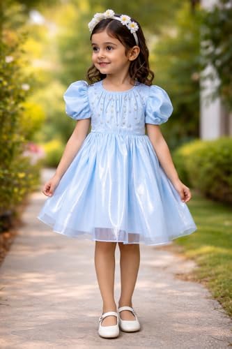 Image of Buy & Try Girls Crystal Puff Sleeve Birthday Dress for Baby Girls | Silk Knee-Length Frock with Zipper Closure | Party Outfit for Kids | Perfect Birthday & Special Occasion