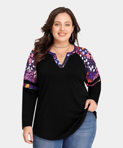 Image of CARCOS Plus Size Tops for Women Long Sleeve Fall Tunic Color Block Camo /Plaid /Leopard /Fall Blouse Crewneck Tshirt XL-5XL