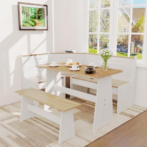 Gracava Breakfast Nook Table Set for Kitchen - White Bench Seating for Dining Room with Space Saving Solid Wood L Shaped Corner Dining Table Set Apartment for 4 to 6 People