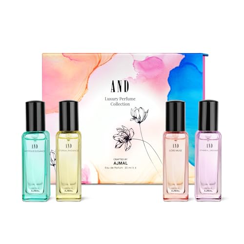 AND Liquid Edp Gift Set For Women With Ethereal Dreamer, Love Muse, Eternal Radiance & Mystique Elegance Refreshing Fruity & Floral |Long Lasting Fragrance (Pack Of 4) Of 20Ml Each Crafted By Ajmal AND Liquid Edp Gift Set For Women With Ethereal Dreamer, Love Muse, Eternal Radiance & Mystique Elegance Refreshing Fruity & Floral |Long Lasting Fragrance (Pack Of 4) Of 20Ml Each Crafted By Ajmal