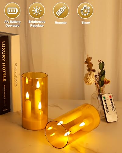 Image of Enido Gold 2 Pc 3-in-1 Taper Flameless LED Candles with Remote, Battery Operated Acrylic Pillar Set, 3 inch x 6 inch Flickering Electric Lights for Cozy Home & Holiday Romantic Decor