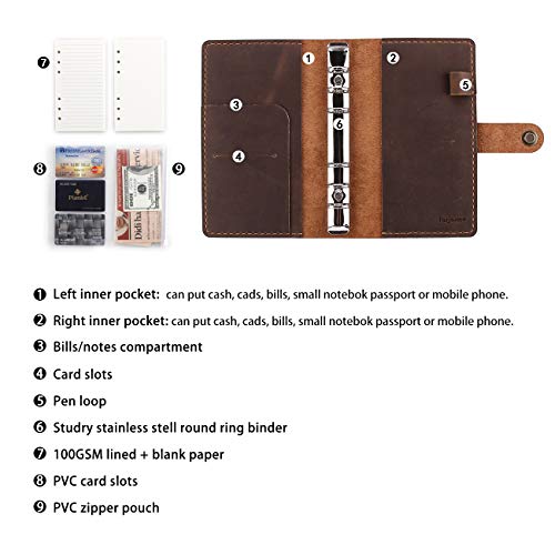Carnet de notes cuir véritable marron A6 6 anneaux idée cadeau - 6