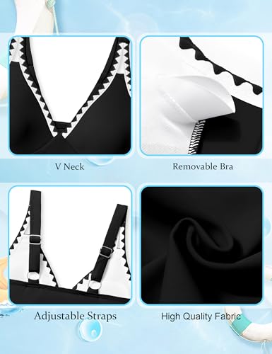 Girls Swimsuit V-Neck Shell Stitched Solid Color High Waisted 3 Piece Bathing Suit Bikini with Cover Up 9-16T4