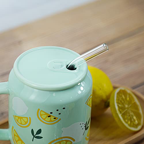 Taza de porcelana con tapa y pajilla, 13 oz, diseño limón miniatura 6