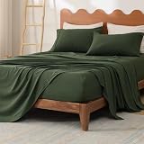 Bedsure Queen Sheets Set - Fits Mattresses Up to 16' Deep - 4 Piece Breathable Bed Sheets, Imitation Cotton Textured Jacquard Bedding Sheet Set, Bedsheet & Pillowcases for Kids,Women,Men,Olive Green