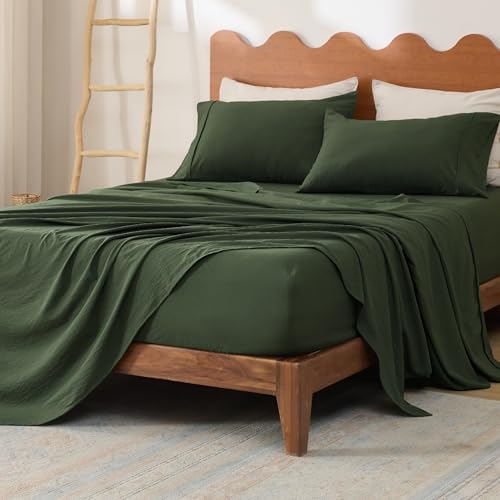 Bedsure Queen Sheets Set - Fits Mattresses Up to 16 Deep - 4 Piece Breathable Bed Sheets Imitation Cotton Textured Jacquard Bedding Sheet Set Bedsheet & Pillowcases for Kids Women Men Olive Green