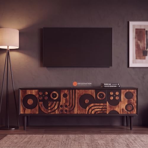 Image of DecorNation Akiwa 62 Inch TV Unit, Sheesham Wood, Black | Carved Door TV Console Cabinet, Storage, Engineered Wood Entertainment Unit, For Living Room