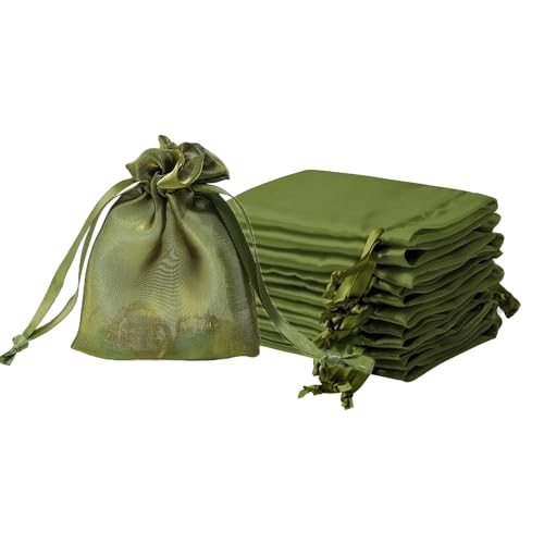 Image of QIANF 20 Pcs Moss Green Small Organza Bags 3X4 inch for Wedding Favors with Drawstring, Mini Mesh Gift Bags Jewelry Pouch for Candy Bridal Shower Party Favor Baby Shower Christmas