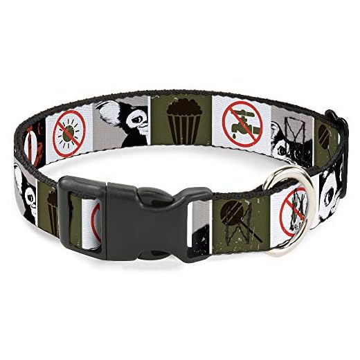 Buckle-Down Collar de perro con clip de plástico Gremlins Gizmo Poses Rules Blocks Red Greens Grays White 16 a 23 pulgadas 1.5 pulgadas de ancho