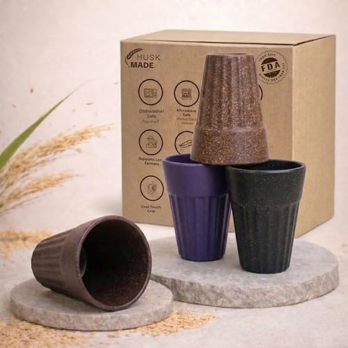 Image of Eco-Friendly Tea Cup Set of 4 | Kulhad Style Coffee & Tea Mugs | 140 ml Unbreakable, Stain-Free, Heat Resistant, Reusable, Microwave Safe | Rice Husk & Bamboo Fibre | Dark Multi-Color