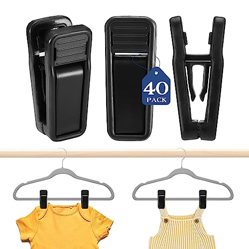 Image of HOUSE DAY Plastic Hanger Clips for Baby Clothes, Strong Hangers, Multi-Purpose Velvet Hangers & Slimline Pants, Skirts, Shorts (40, Black) 40 Pack