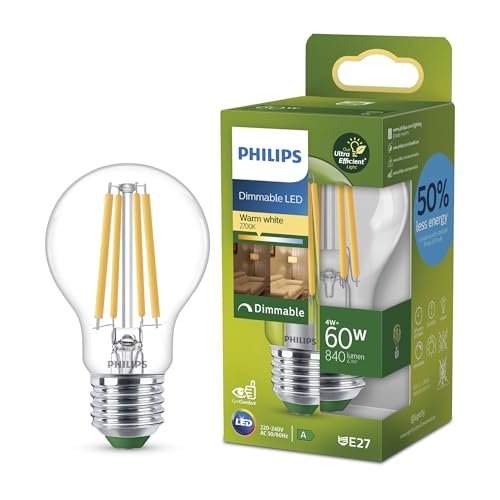 PHILIPS LED Light Bulb Classic UltraEfficient 60W 840Lm A60 E27 2700K Clear Glass dimmable