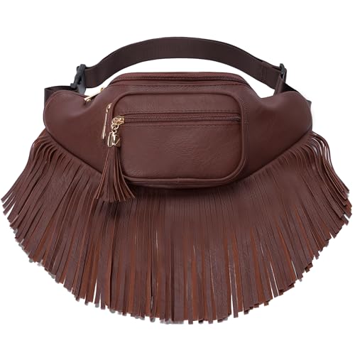 Paquete de riñonera con borla de flecos para mujer con bolsa de cremallera de piel sintética