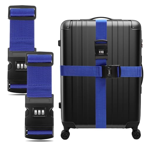 Set Di 4 Cinghie Per Valigia Con Tema Spaziale – 2 Con Lucchetto A Combinazione E 2 Con Fibbia, Regolabili Fino A 180 Cm, Blu E Bianche