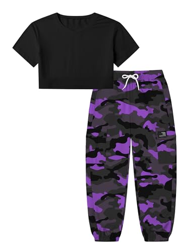 Image of Betusline Girls 2 Piece Set, Black Cute Short Sleeve Crop Tops + Purple Black Camo Cargo Jogger Pants Clothes, 13-14Y = Tag 170