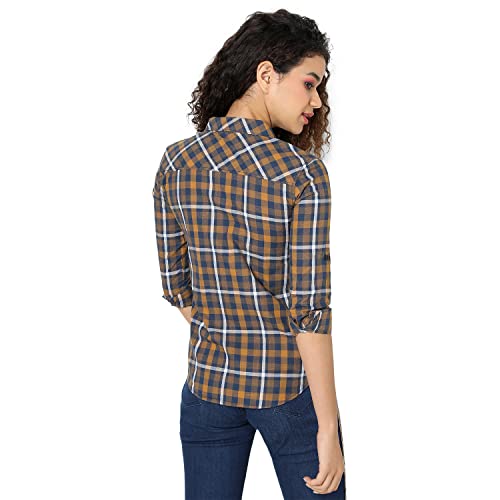 Image of PINACOLADA Women's Navy Blue & Yellow Ochre Tartan Plaid Shirt for Casual Wear | Spread Collar | Long Sleeve | Button Closure | Shirt Crafted with Comfort Fit for Everyday Wear