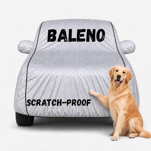 Image of Waterproof Car Cover for Baleno | Soft Cotton Lining Heavy Duty Triple Stitched Heat Resistant Outdoor Cover Comes with Mirror and Antenna Pocket Full Bottom Elastic (Silver)
