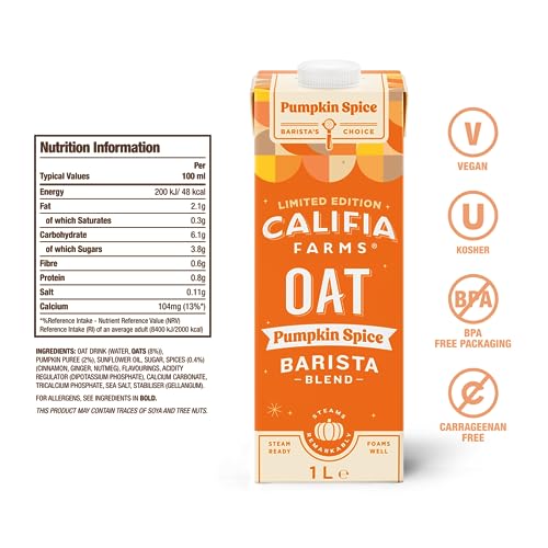 Califia Farms Pumpkin Spice Barista Blend Oat Drink - Real Pumpkin Puree With Warming Nutmeg, Ginger & Cinnamon - Dairy Free, Lactose Free & Vegan (6 x 1L)