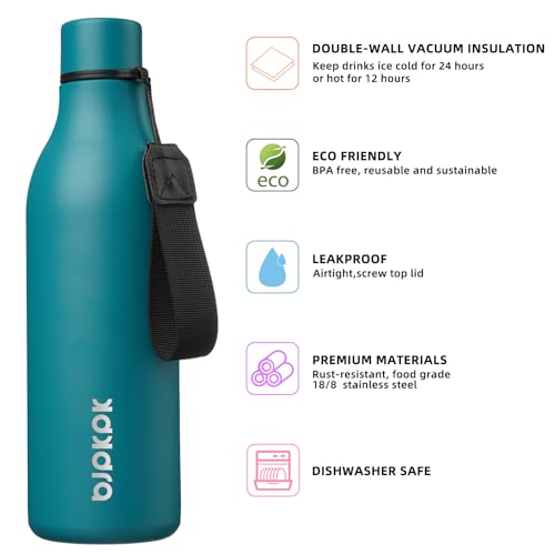 Image of BJPKPK Insulated Water Bottles, 25 oz Stainless Steel Metal Water Bottle with Strap, BPA Free Leak Proof Jugs, Mugs, Flasks, Reusable Thermal Flasks for Sports & Travel, Lake Blue