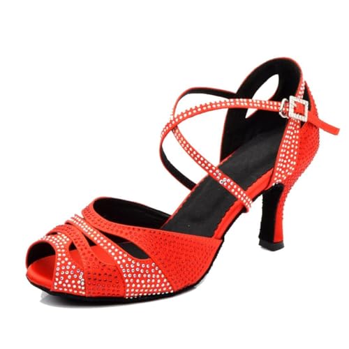 Chaussures de danse de salon rouge pour femme avec talon de 7.5cm