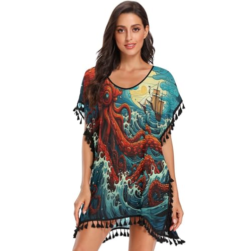 KAAVIYO Octopus Red Blue Moon Women's Beach Cover Up Chiffon Tassel Swimwear Swimsuit Coverups for Girl