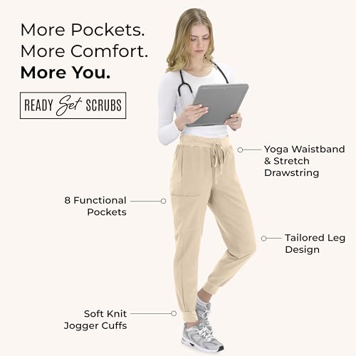 Image of READY SET SCRUBS - Scrub Pants for Women - 2 Pack - Cargo Jogger Pants Set with 8 Pockets - Yoga Waistband - Soft & Stretchy