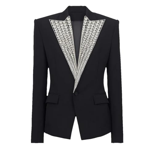 Lady Shinny Rhinestone Coat Women Notched Single Button Long Sleeve Solid Slim Blazer Black
