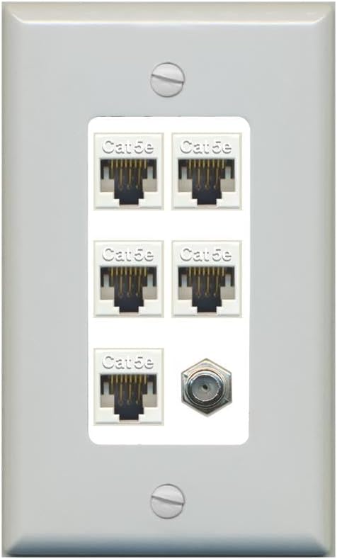 RiteAV 5 Port Cat5e Ethernet and 1 x Coax Wall Plate - 1 Gang Decorative [Stainless/White]