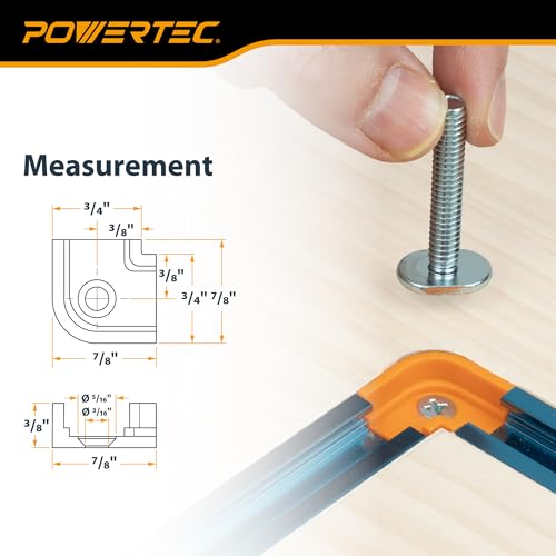 Image of POWERTEC T-Track 90 Corner Connectors, Drop-in Fittings for 3 /4 inch x 3 /8 inch Grooves, Compatible with 1 /4 inch & 5 /16 inch T-Bolts, Modular T-Track System for Jigs, Router Tables, and More, 8PK (72353)