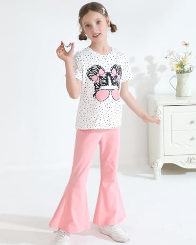 Image of CARETOO Girls Summer Outfit Poster Girl Matching Sister 2pcs Sets Printed t-Shirt + Flare Leg Pants For 3-10 Years