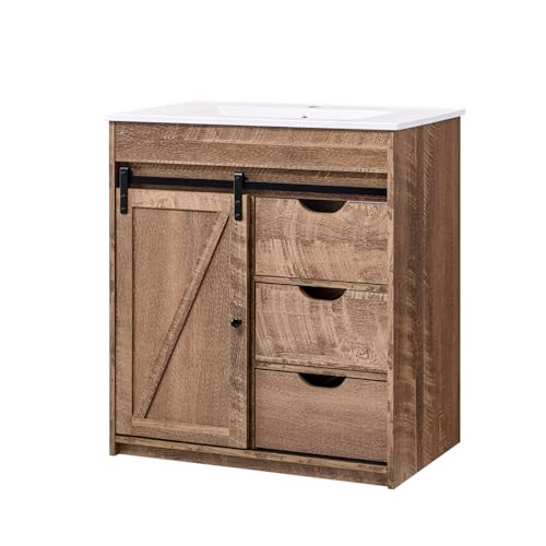 30" Farmhouse Bathroom Vanity with Sink, Freestanding Modern Bathroom Storage Vanity Cabinet w/Sliding Barn Door, 3 Drawers & Adjustable Shelves, Light Brown