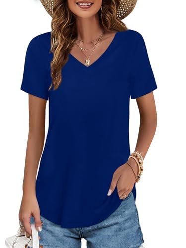 Image of Elesomo Womens T Shirts V Neck Summer Short /Long Sleeve Cotton Tops Tees