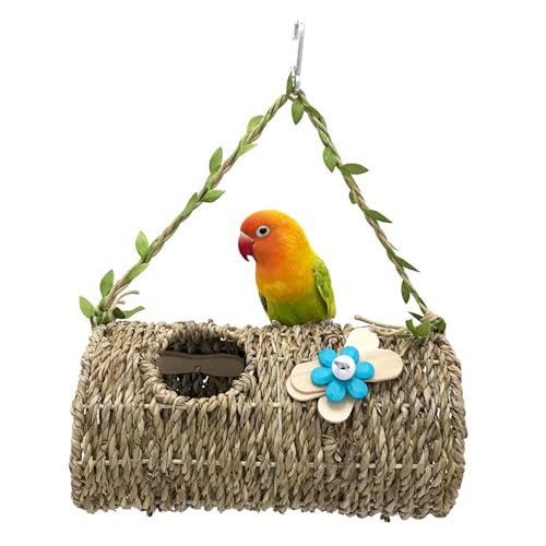 Seagrass Bird House Sea Grass Tent Parrot Tunnel with Holes and Lovely Flower Decor Natural Hanging Hammock Swing Nest Bird Snuggle Hut Toy for Hamster Lovebird Budgie Random Color