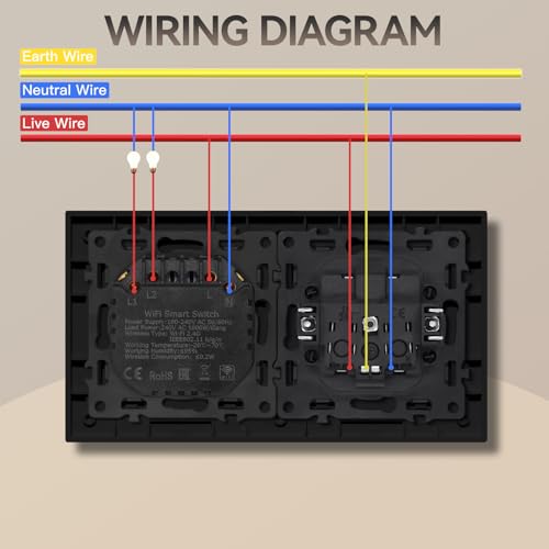 BSEED Smart Touch Lichtschalter,Glas Schalter Unterputz,Wandlichtschalter mit LED Hintergrundbeleuchtung,Neu E-Serie,16A 250V,2 Fach 1 Weg + 1 Steckdose,157mm Schwarz