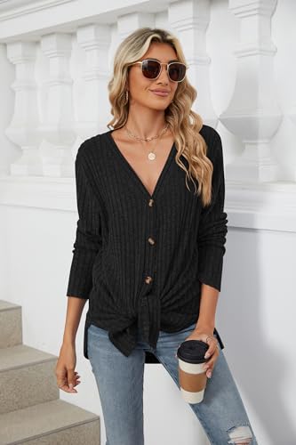 Image of Women's Long Sleeve Knit Sweater Open Front Cardigan Button Loose Outerwear Tie Front Knot Tops