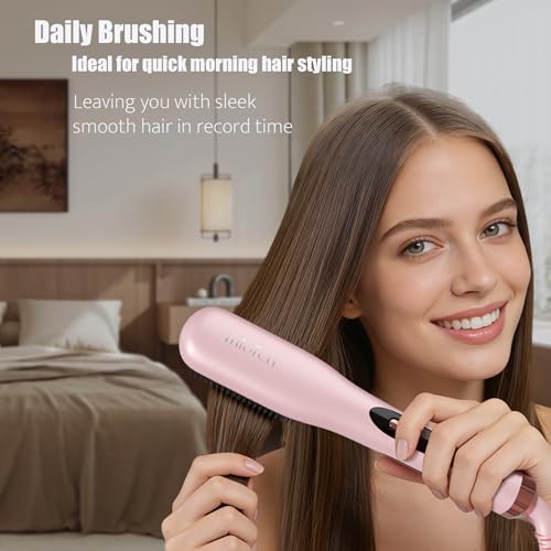 Image of Steam Hair Straightener Brush, 3-in-1 Hair Straightening Brush for Frizzy, Curly & Thick Hair and Short Hair, Steamer Straightener Brush for Anti-Frizz, Steamer for Reduced Heat Damage, Dual Voltage