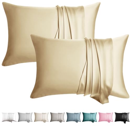 Image of 100% Silk Pillowcase for Hair and Skin Toddler Size 2 Pack Mulberry Silk Pillow Case 13 x 18 Inches Highest 6A Silk Kids /Travel Pillow Cover Soft Breathable Cooling with Hidden Zipper, Champagne
