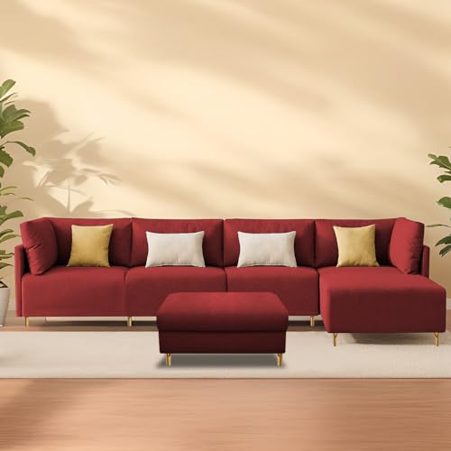 Image of Carina RHS 6 Seater L Shape Sofa Set with Center Table for Living Room (Maroon Fabric) Premium Fabric Sofa