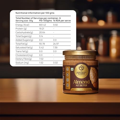 Image of The Premium Basket Almond Nut Butter - Unsweetened | Almond Nut Grade - Gold Premium | High dietary fibre | Rich in Protein | Transfat-Free | 180g Natural Spread (Pack of 2)