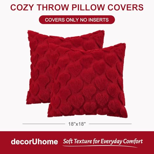 Image of decorUhome Valentine's Day Soft Plush Throw Pillow Covers 18x18 Inch Set of 2, Faux Fur Red Heart Decoration Neutral Square Pillow Covers for Couch Sofa Bed Cozy Farmhouse Holiday Decor