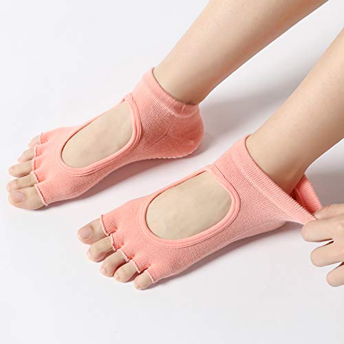 Image of 2 Pairs Toeless Yoga Socks Non-Slip Grips for Pilates Ballet Dance Barefoot Workout Cotton Open Toe Sports Socks