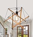AMZASA Black Geometric Art Deco Hanging Pendant Light Metal and Wood Modern Industrial Chandelier Light Fixture for Dining Room Kitchen Island Arts Center Yoga Studio,Need Assemble UL Listed