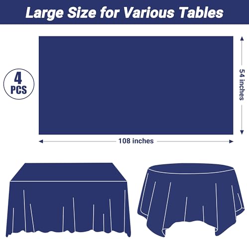 Image of 4 PCS Navy Plastic Tablecloths for Rectangle and Round Tables, 54 inch x 108 inch Stain Resistant Disposable Tablecloth for Picnic, Weddings, Baptism Decorations, Picnic Table Cover for Parties, Birthday