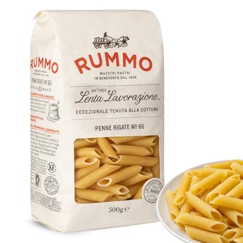 Pasta Rummo Penne Rigate Nº66, Pasta Italiana, Pasta alimenticia de sémola de trigo duro, Contiene gluten, Puede contener trazas de soja, Tiempo de cocción 11 minutos, 1 Paquete de 500 gr