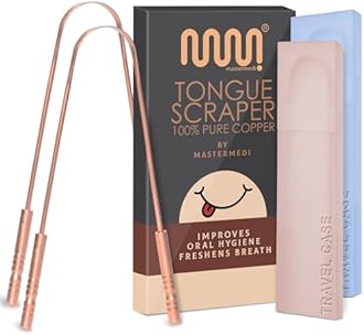 MasterMedi Tongue Scraper with Case Easy to Use Tongue Scraper for Adults, Tongue Cleaner for Oral Care & Hygiene Copper Set of 2 (with Travel Case)