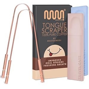 MasterMedi Tongue Scraper with Case Easy to Use Tongue Scraper for Adults, Tongue Cleaner for Oral Care & Hygiene Copper Set of 2 (with Travel Case)