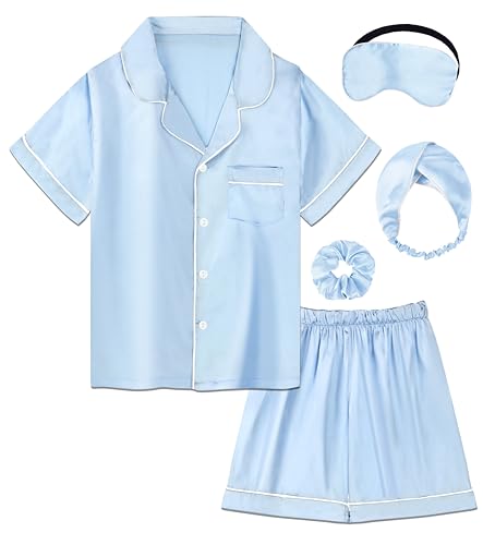 EPLAZA Kids Satin Pajamas Sets Girls Boys Button-Down Silky Pajamas Sleepwear with Hairband Eye Mask Hair Tie (Light blue-short, 165)