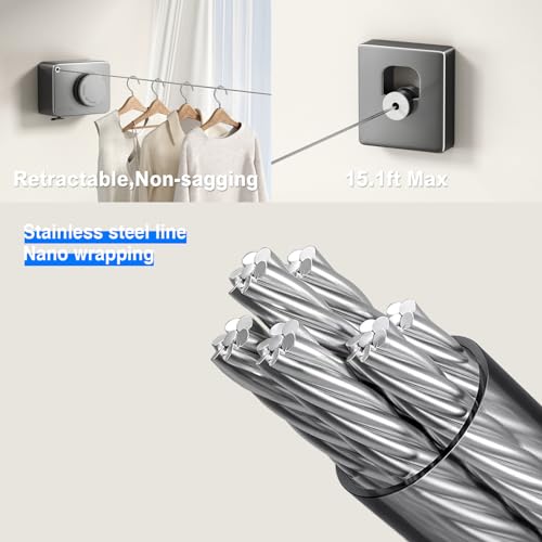 Image of MUSTORN Retractable Clothesline Indoor, Non-Sagging Outdoor Clothes Line Retracting Heavy Duty Clothes Drying Laundry Line Wall Mounted Stainless Steel Line-13.8 Feets(Gray)